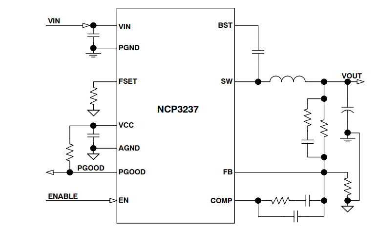应用电路图 - onsemi NCP3237集成同步降压转换器